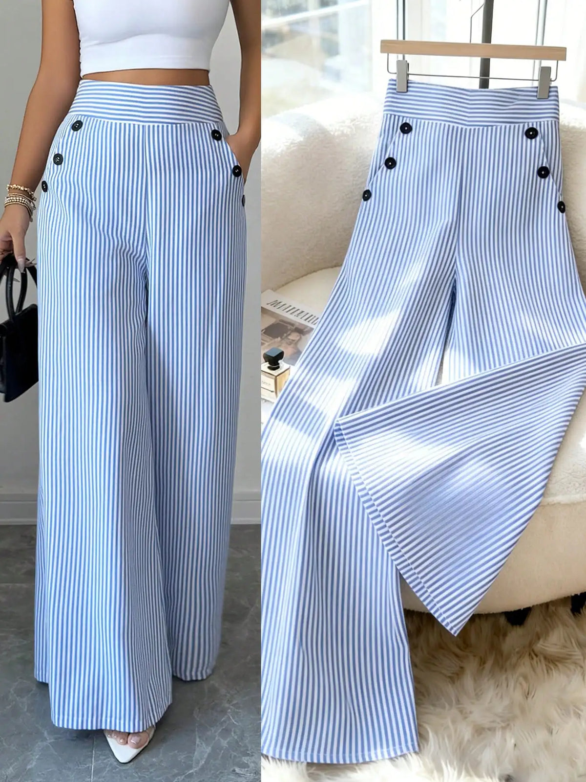 Women's Striped High-Waist Wide-Leg Pants