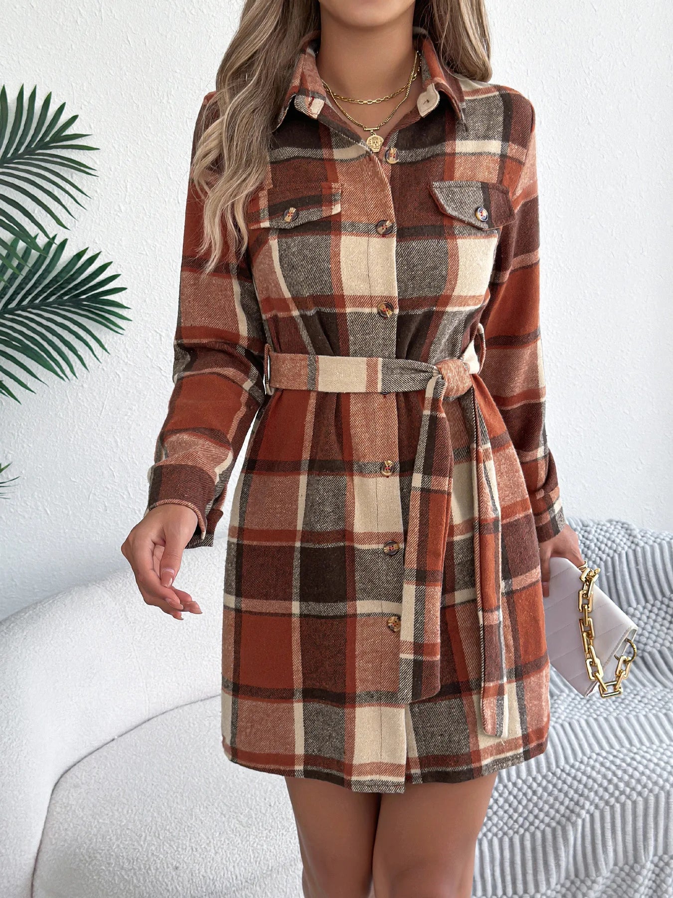 Women's Plaid Shirt Dress – Long Sleeve Belted A-Line Knee-Length Dress | Retro Casual Style