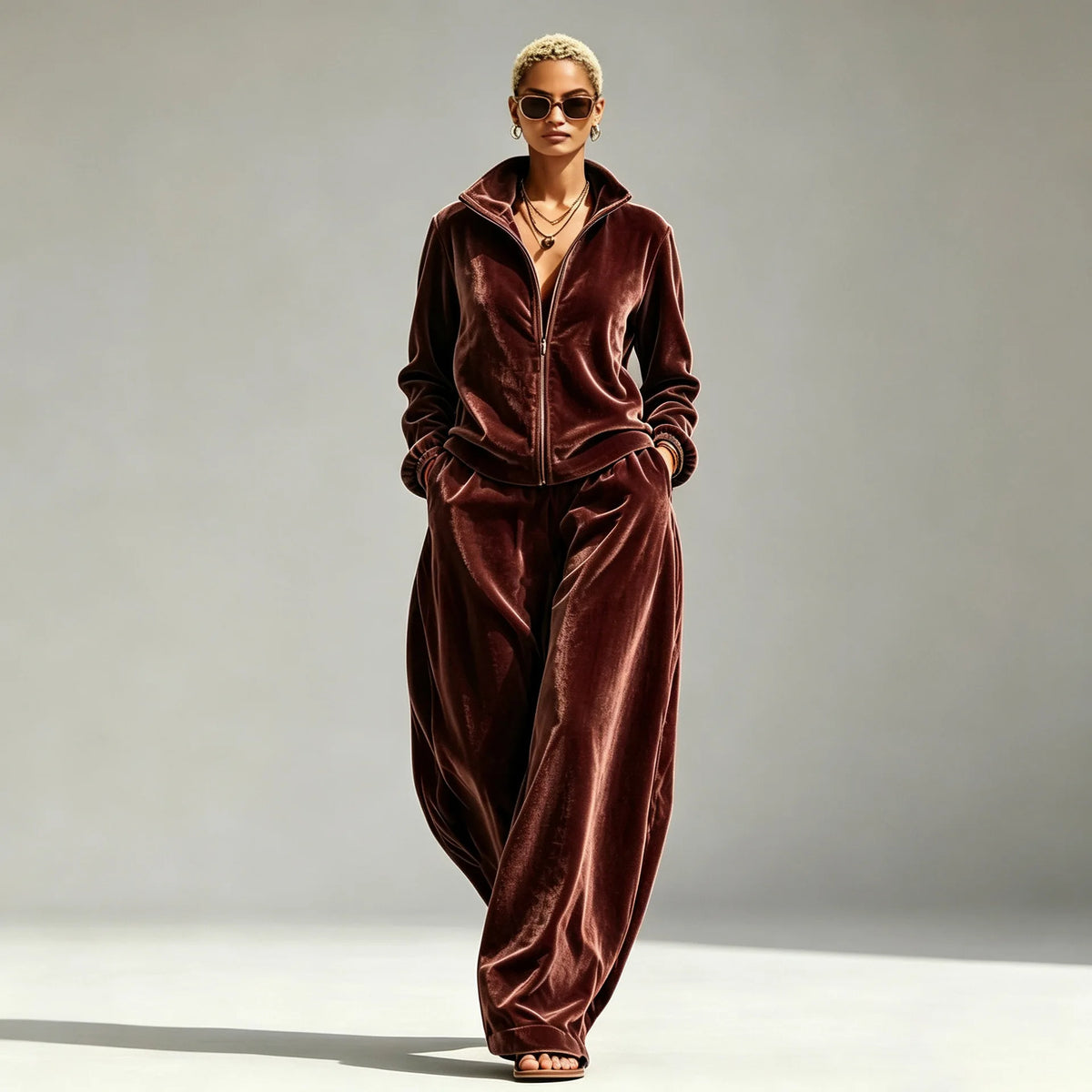 Women's Velvet Two-Piece Set with Wide-Leg Pants