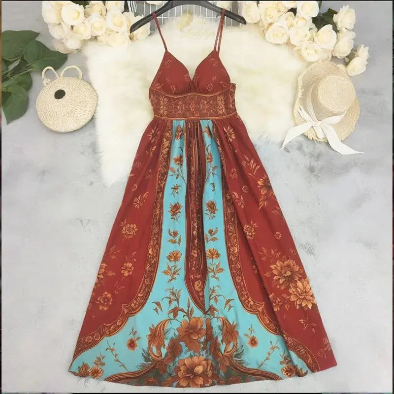 Sexy Spaghetti Strap Long  Summer Fashion Floral Print Maxi Dresses Elegant LADYLYS