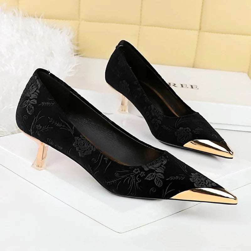 Vintage Suede Print 4cm High Heels Pumps Female Chic Metal Pointed Toe Elegant LADYLYS