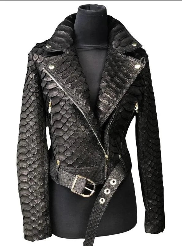 Women's Snakeskin PU Leather Moto Jacket – Zip-Up Biker Jacket