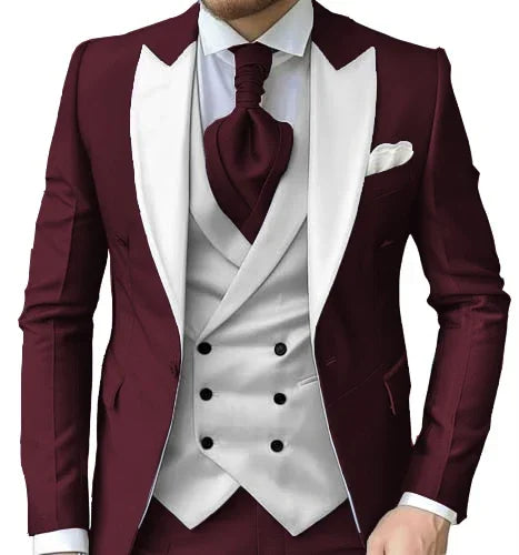 Men's Slim-Fit Three-Piece Suit with Peak Lapels