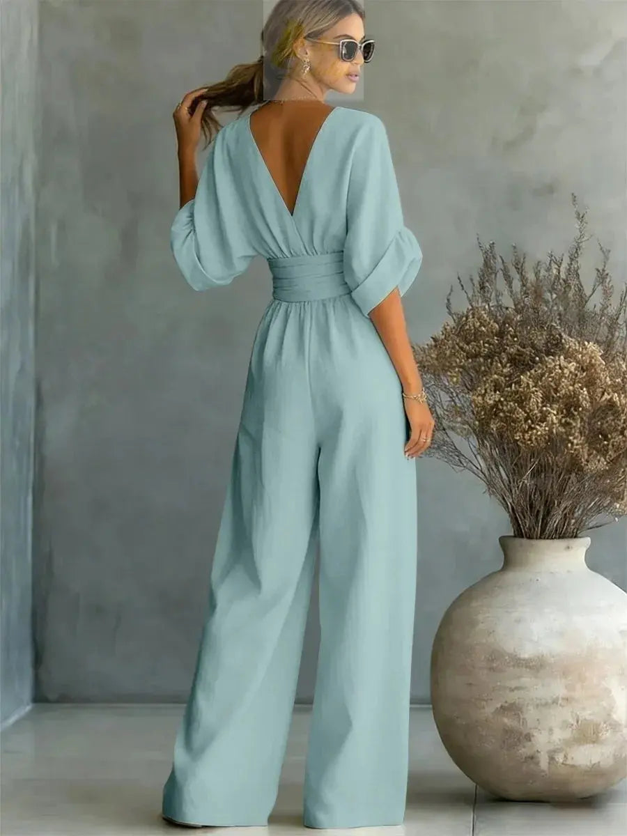 Jumpsuit Fashion High Waist V-neck Casual Sexy  Solid Color LADYLYS