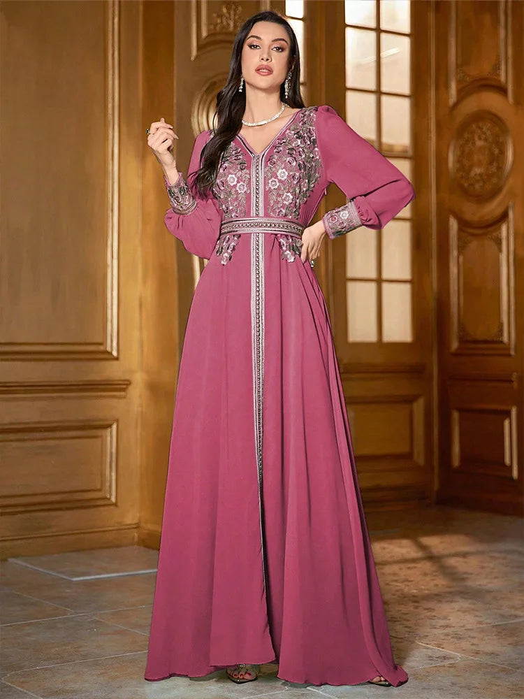 Eid femmes robe Abaya Caftan musulman col en V broderie robe de soirée Matutina-Chic