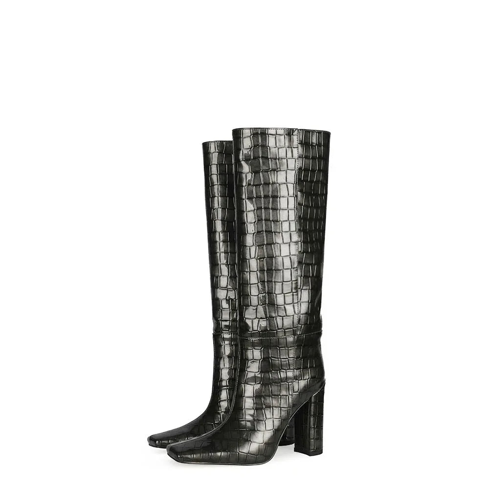 Women's Patent Leather Knee-High Boots – Thick Square Heel Slip-On Winter Boots in 21 Colours