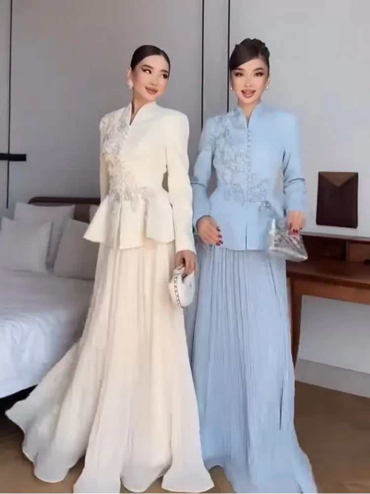 Women’s V-Neck Blouse and A-Line Skirt Two-Piece Set