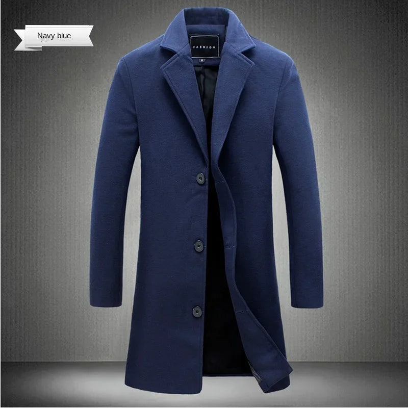 Long Cotton Coat New Wool Blend Pure Color Casual Business Fashion Men's Clothing LADYLYS