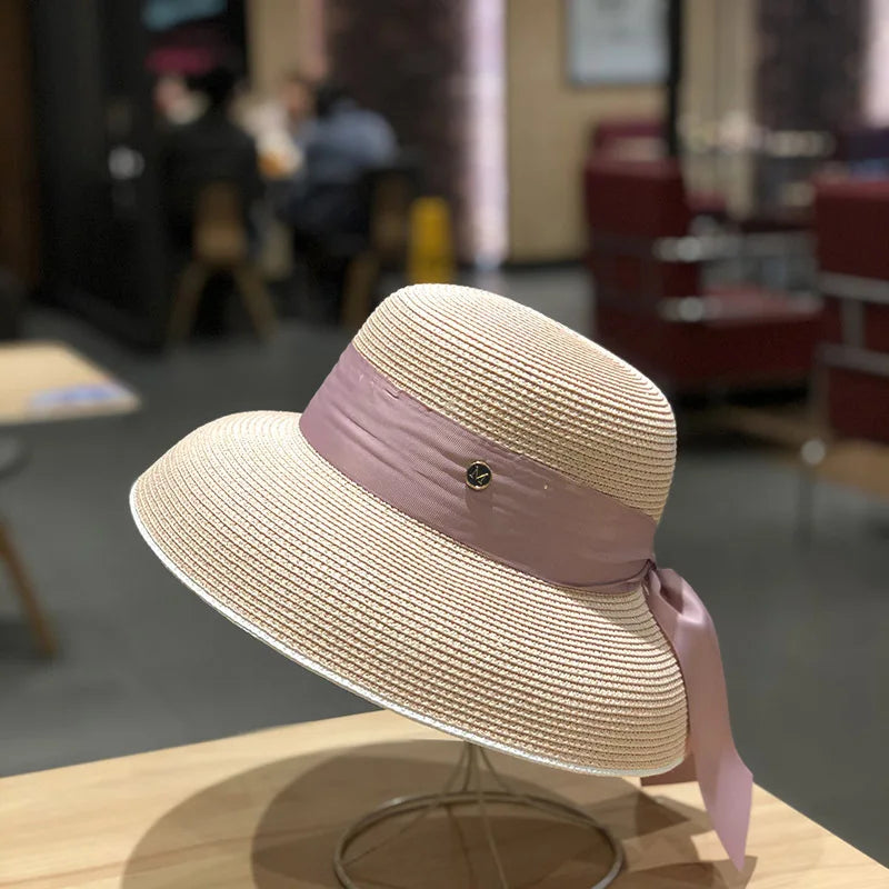 hood Hepburn wind big brim straw hat female summer sunscreen basin hat French beach holiday sunshade hat LADYLYS