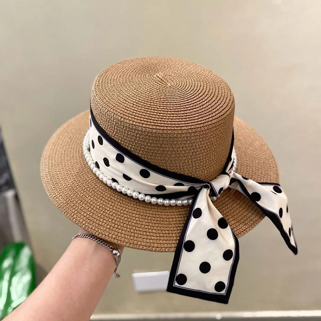Women’s Wide Brim Straw Sun Hat – Pearl & Dot Ribbon Elegant Beach Cap