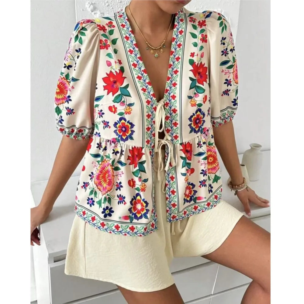 Printed Cardigan Short-sleeved Top Shorts 2-piece Set LADYLYS