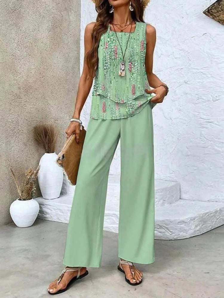 Summer Print Women Two Piece Set Fashion Top Sleevelss Elegant Suits LADYLYS