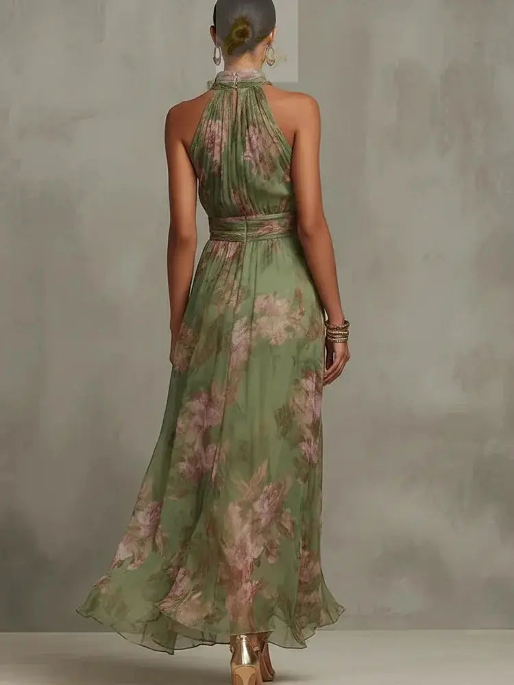 Sleeveless High Neck Ruched Waist Chiffon Flowy Evening Party Dress LADYLYS