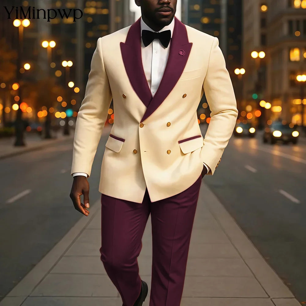 Men's Double-Breasted 2-Piece Slim Fit Suit with Notched Lapels