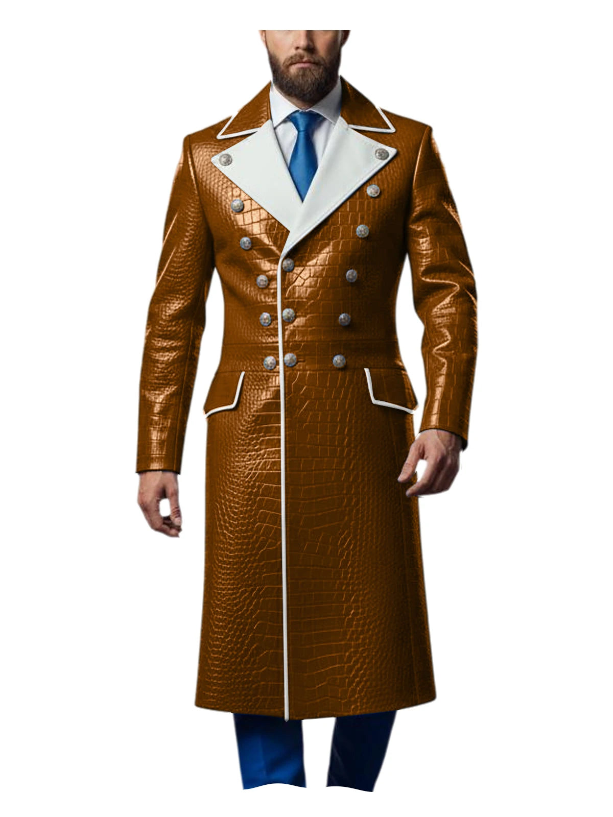 Men's Croc-Embossed Faux Leather Double-Breasted Overcoat with Contrast White Lapels
