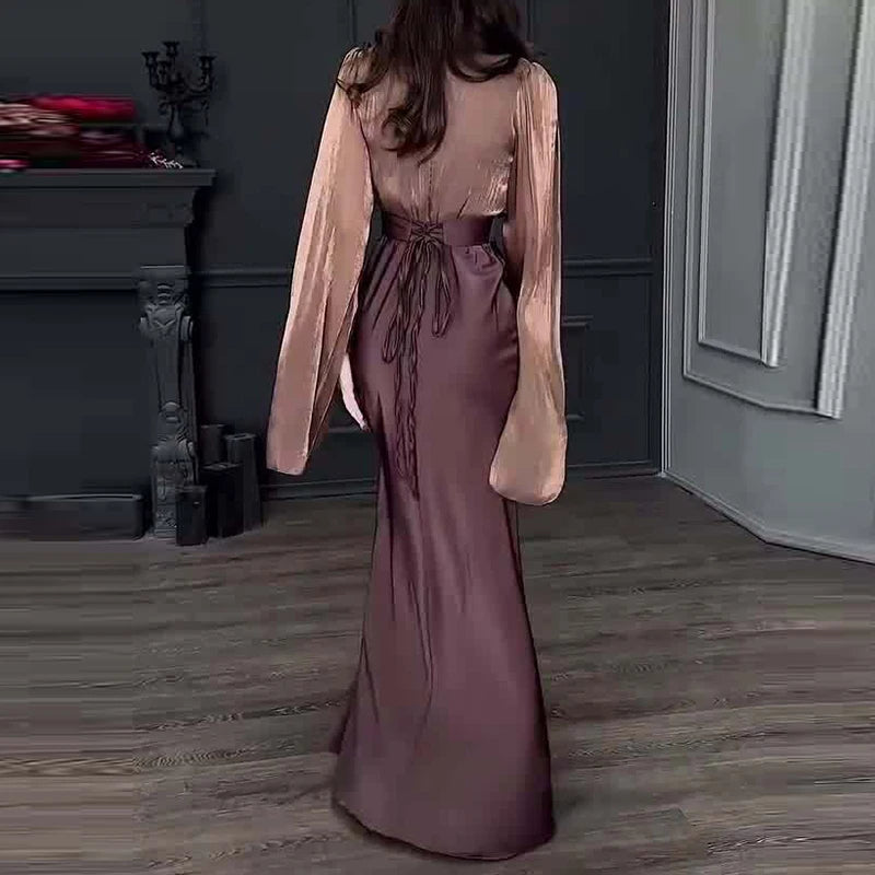 Women's Satin Long Dress – High-Waisted Slim Fit, Long Sleeve, Ankle-Length