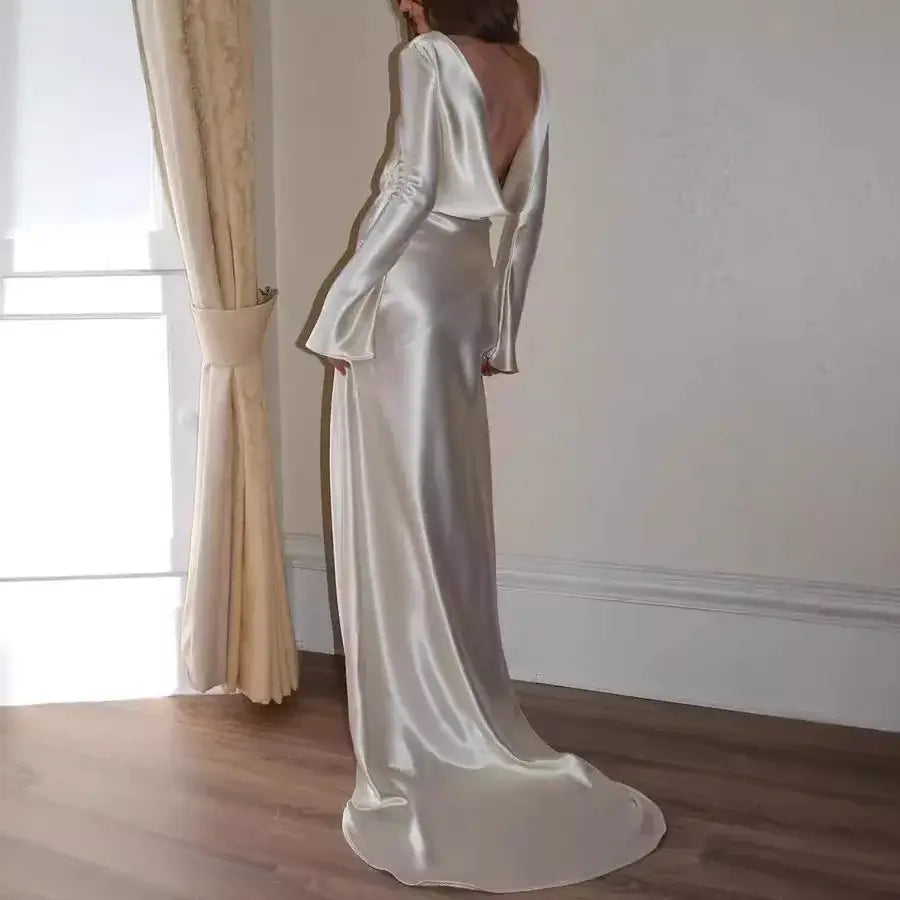 Ivory Backless Mermaid Maxi Dress with Long Sleeves