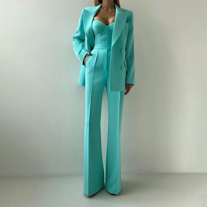 New Light Blue Emerald Violet Color Options Strapless Top Flare Pants Blazer Suit Temperament Commute Three Piece Women Outfit LADYLYS