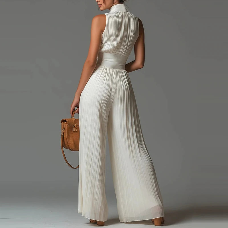 Elegant Lady Zipper Wide Leg Playsuits Stand Collar High Waist Pleat Jumpsuit LADYLYS