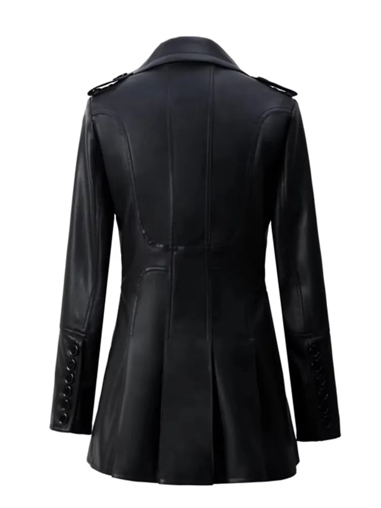 Women's Fitted Faux Leather Blazer – Double-Breasted, Elegant Office Jacket