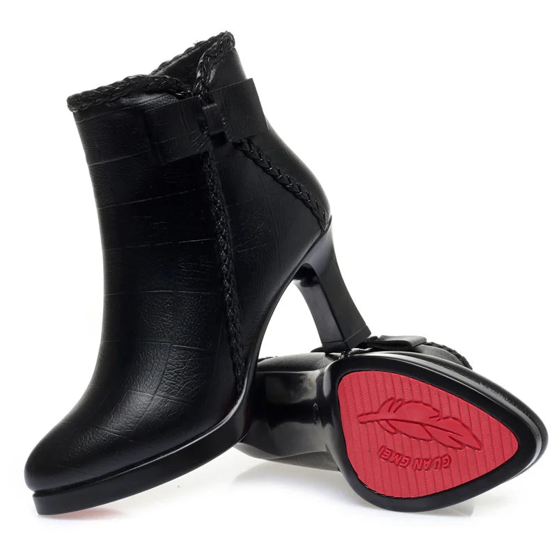 Women's Velvet Stiletto Ankle Boots – Pointed Toe Platform Booties with Bow Detail