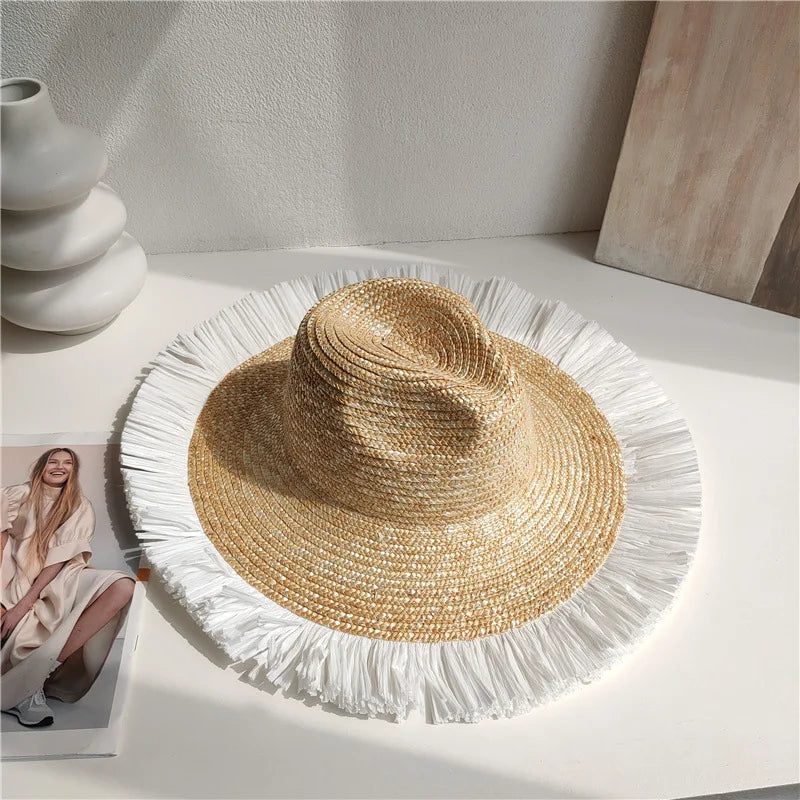 Red edging 2026 Sun Hats Hepburn hat Shiny Straw Hat European American  Braided Female Sunshade  chapeau femme LADYLYS
