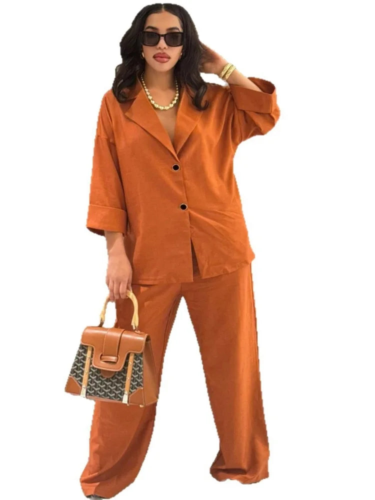 Lapel Loose Single Breasted Shirt High Waisted Straight Leg Pants Casual Elegant Suit LADYLYS