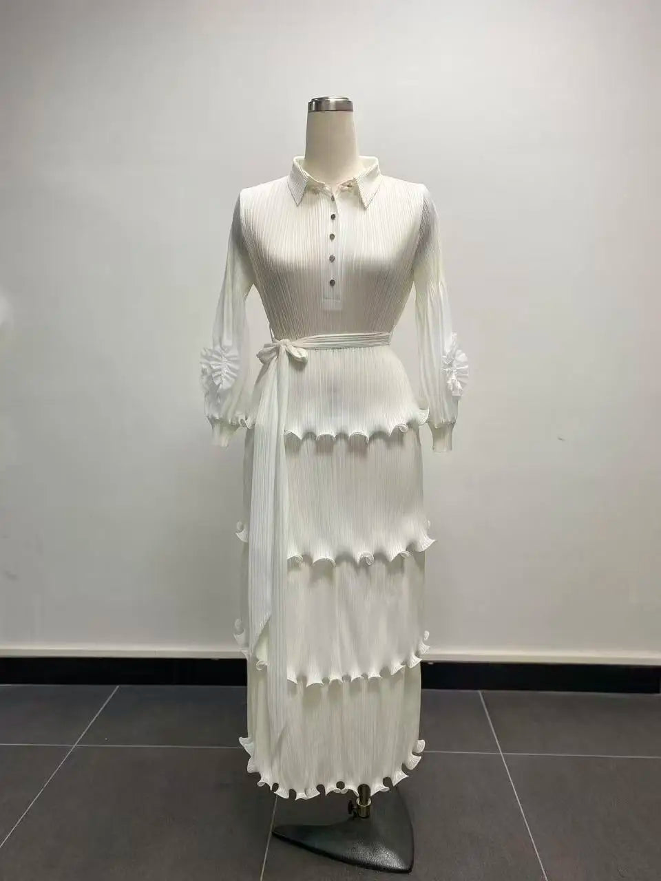 Women's Miyake Pleated Tiered Maxi Dress – Petal Sleeve Belted Long Dress | Elegant African Style