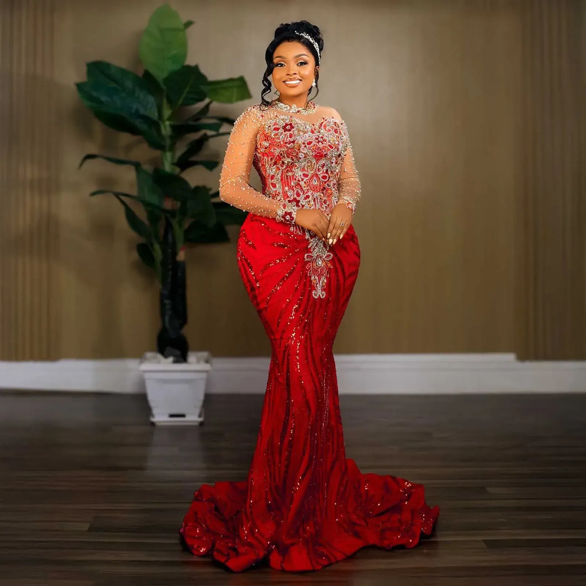 High-Neck Crystal & Beaded Lace Mermaid Evening Gown