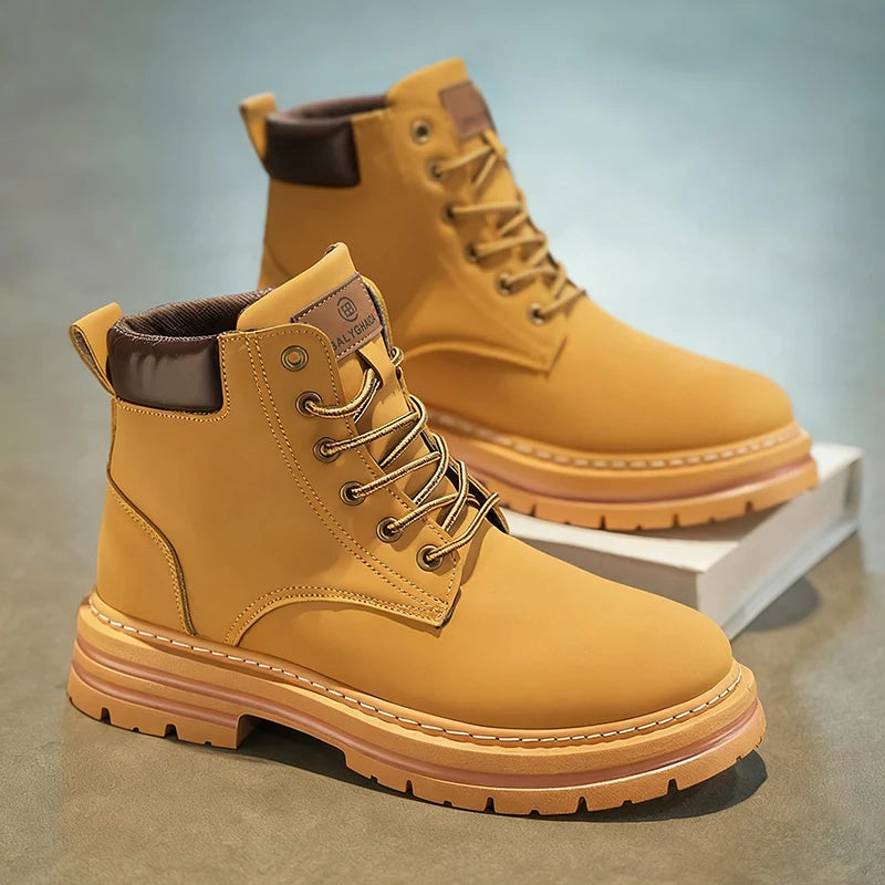 Men's Heavy-Duty All-Terrain High-Top Ankle Boots – PU & Stretch Fabric Motorcycle Boots in Plus Sizes