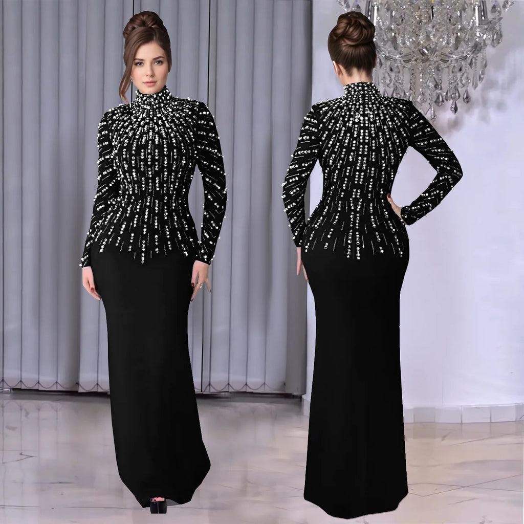 Elegant Party Diamond Pearl Long Bodycon Dress Women O Neck Long Sleeve Glitter LADYLYS