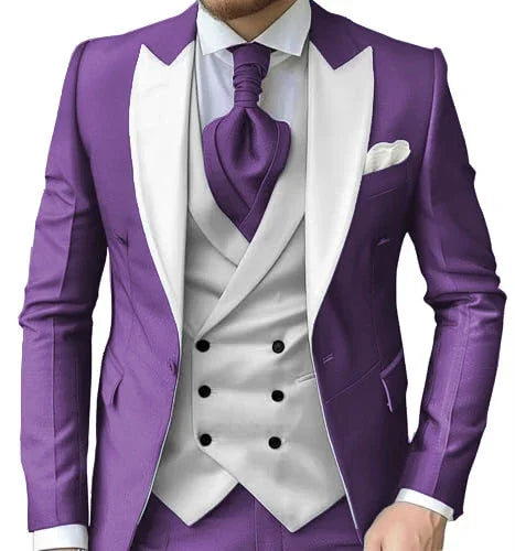 Men's Slim-Fit Three-Piece Suit with Peak Lapels