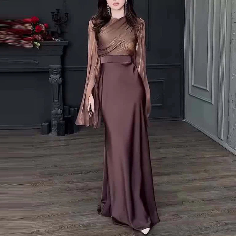 Women's Satin Long Dress – High-Waisted Slim Fit, Long Sleeve, Ankle-Length
