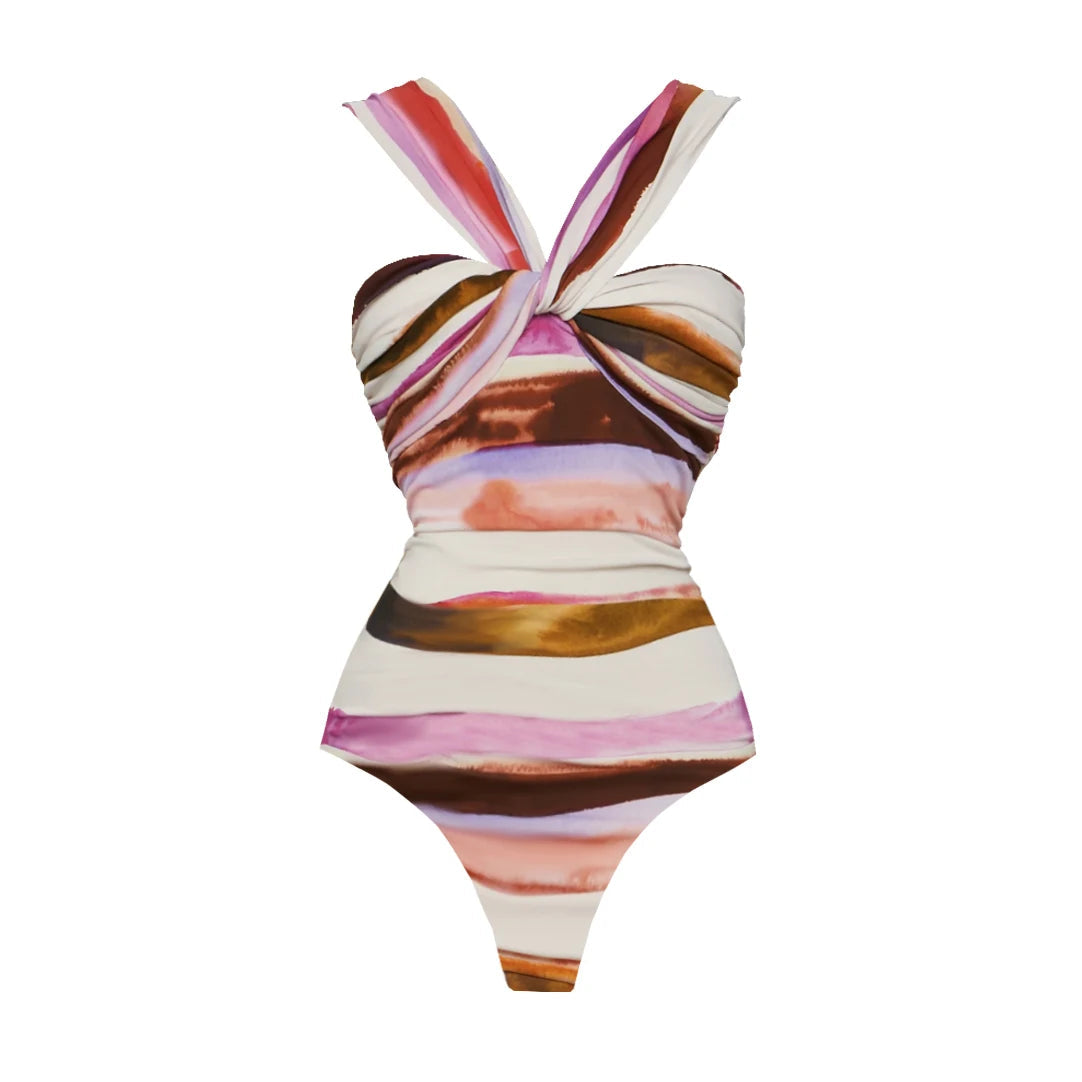 2Pcs Striped Swimsuit With Long Skirt Sexy Women Bikini Push Up Swimwear Halter LADYLYS