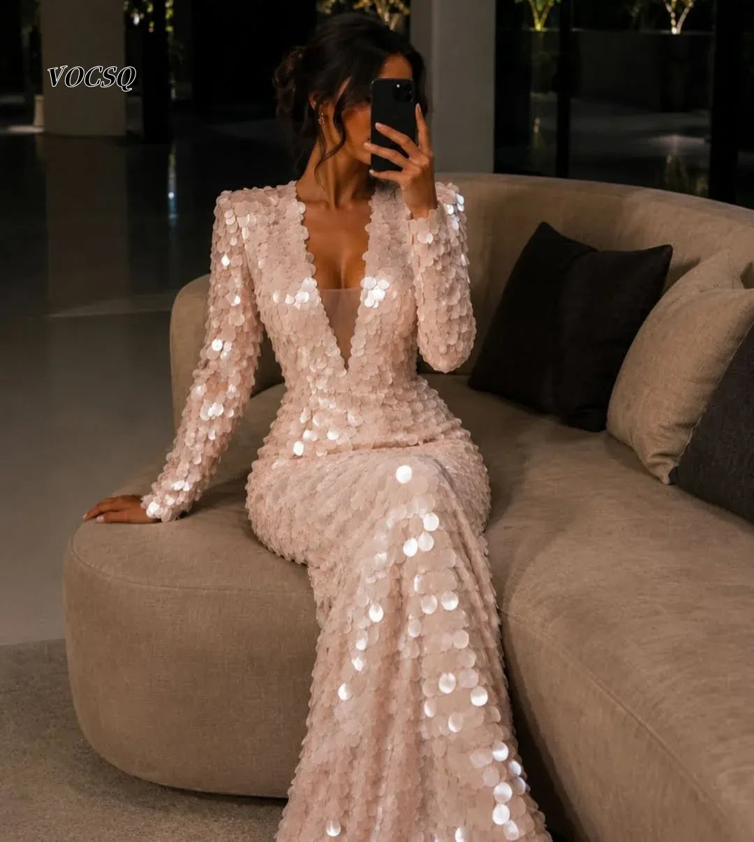 Long-Sleeve V-Neck Sequin Mermaid Evening Gown