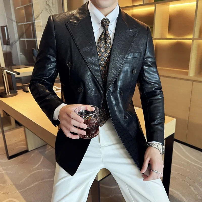 Men's Double-Breasted Check Blazer – Slim Fit, Smart Casual, Business Suit Jacket