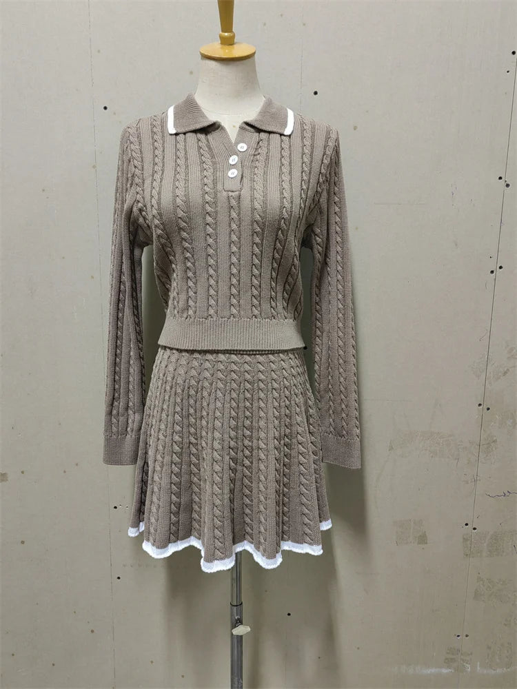 Patchwork Contrast 2-Piece Skirt Set – Long Sleeve Top & High Waist Mini Skirt