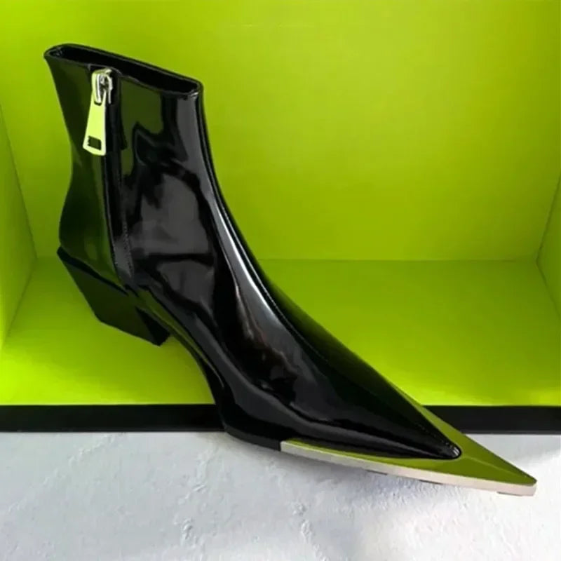Women's Pointed Toe Chelsea Boots – Chunky Heel Metal Detail, Side Zip Ankle Boots
