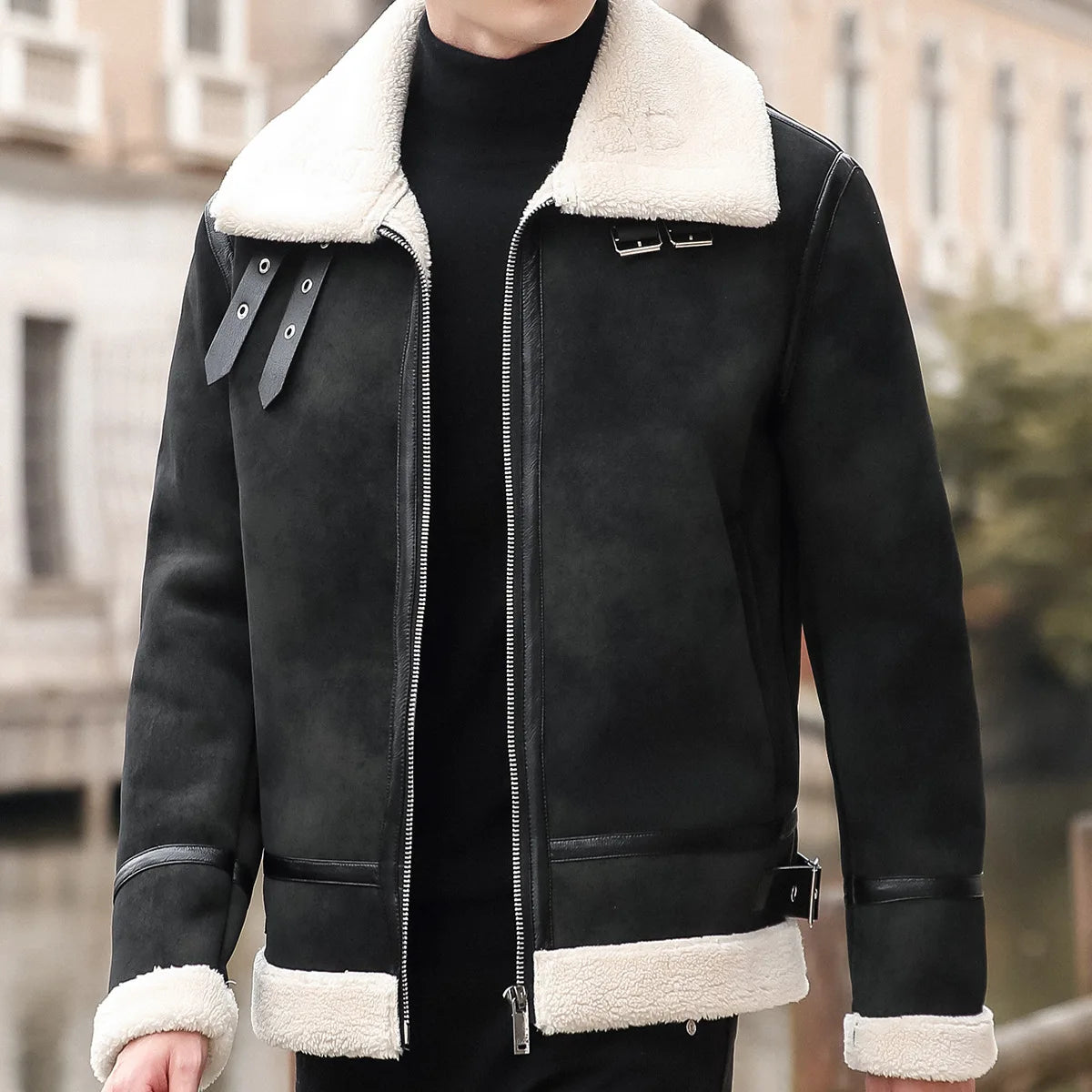 Men's PU Leather Jacket – Faux Fur Collar, Fleece-Lined, Windproof, Korean Slim Fit