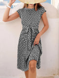 Spring Summer O Neck Pleated Medium Long Dress Fashion Print Lace-up Dress LADYLYS
