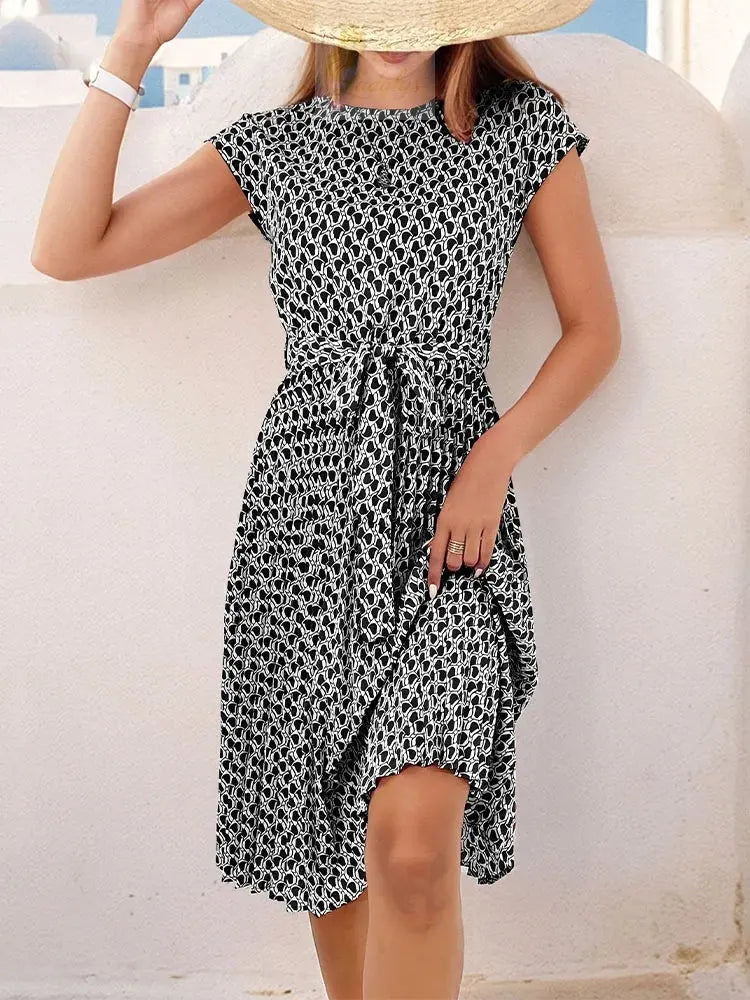 Spring Summer O Neck Pleated Medium Long Dress Fashion Print Lace-up Dress LADYLYS