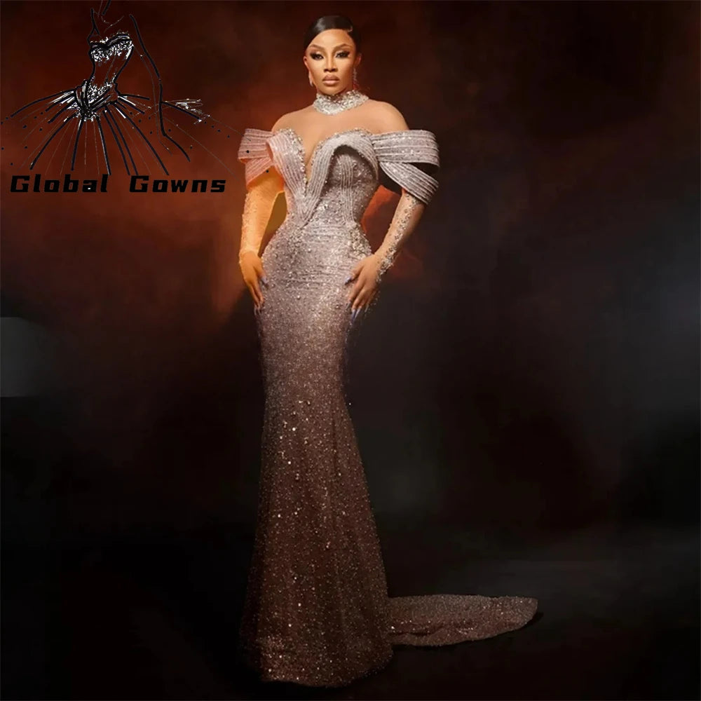 Aso Ebi Luxury Silver Lace Beaded Evening Dresses LADYLYS