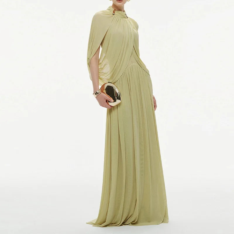 Chic Chiffon Pleated Maxi Dress Women Elegant Flutter Sleeve Turtleneck LADYLYS