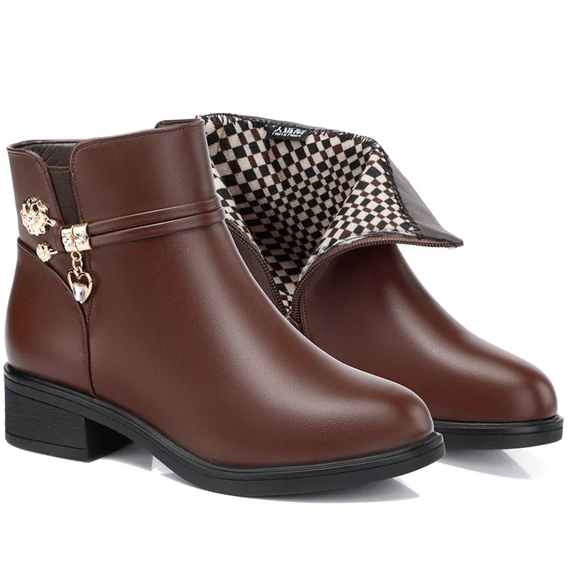Women's Rhinestone Ankle Boots – Plush-Lined Zip-Up Low Heel Booties