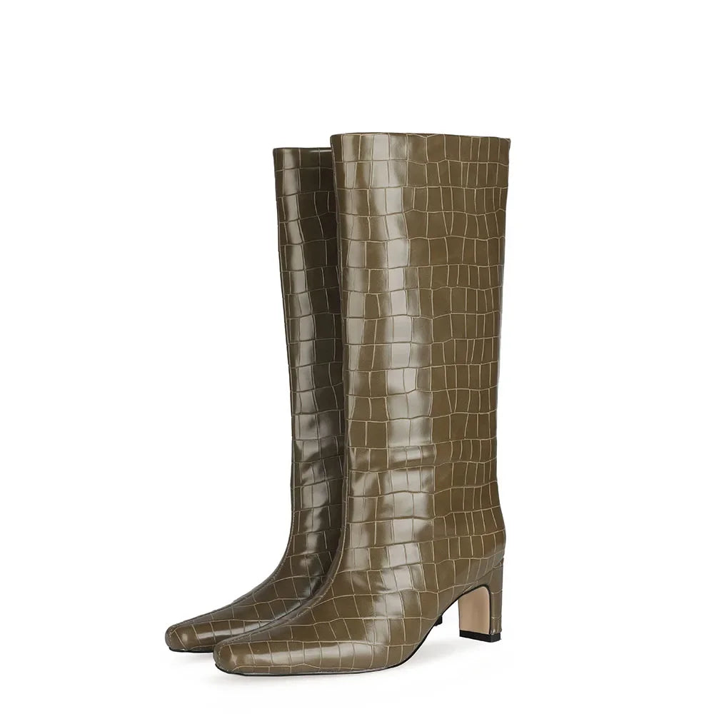 Women's Patent Leather Knee-High Boots – Thick Square Heel Slip-On Winter Boots in 21 Colours