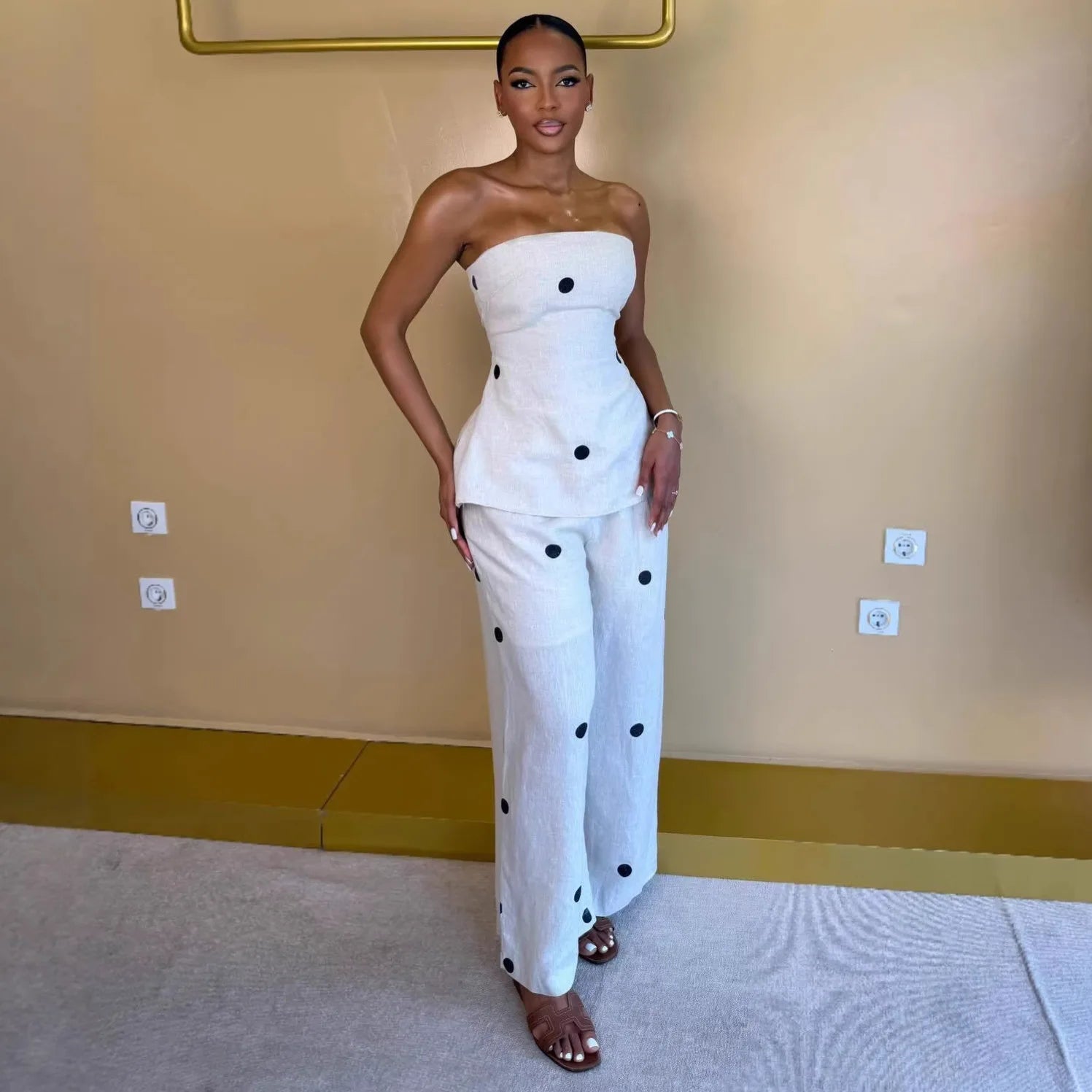 HLJ Women Polka Dot 2 Piece Outfits Elegant Bandeau Tube Top + High Waist Wide Leg Pants Set Summer Casual Streetwear Holidays LADYLYS