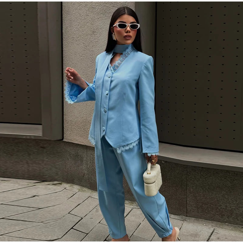 V-Neck Lace Trim Blazer & Ankle Pants Set – Flare Sleeve, Elegant 2-Piece