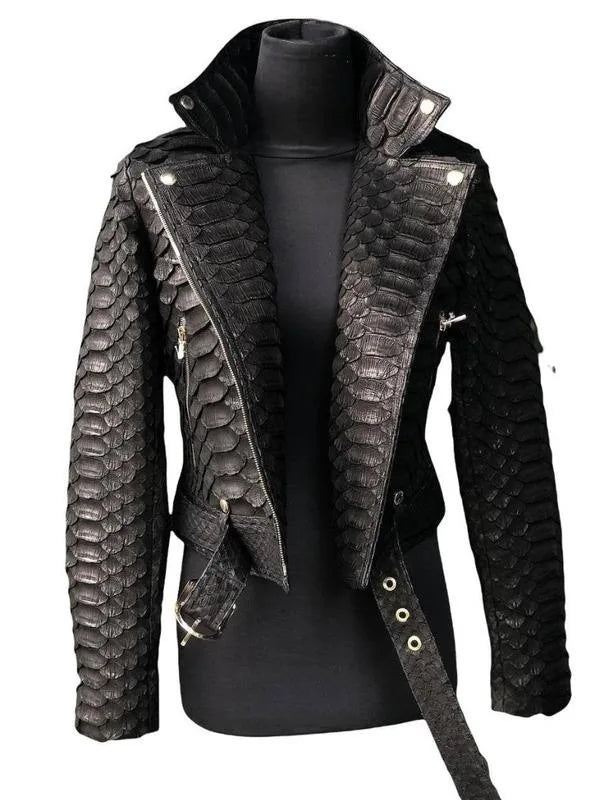 Women's Snakeskin PU Leather Moto Jacket – Zip-Up Biker Jacket