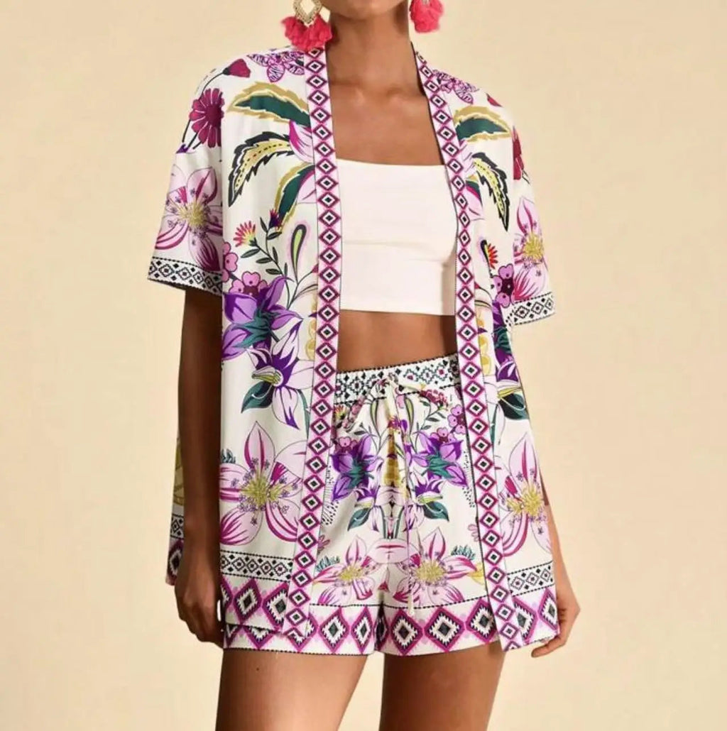 Casual Printed Cardigan Short-sleeved Top Shorts Two-piece Set LADYLYS