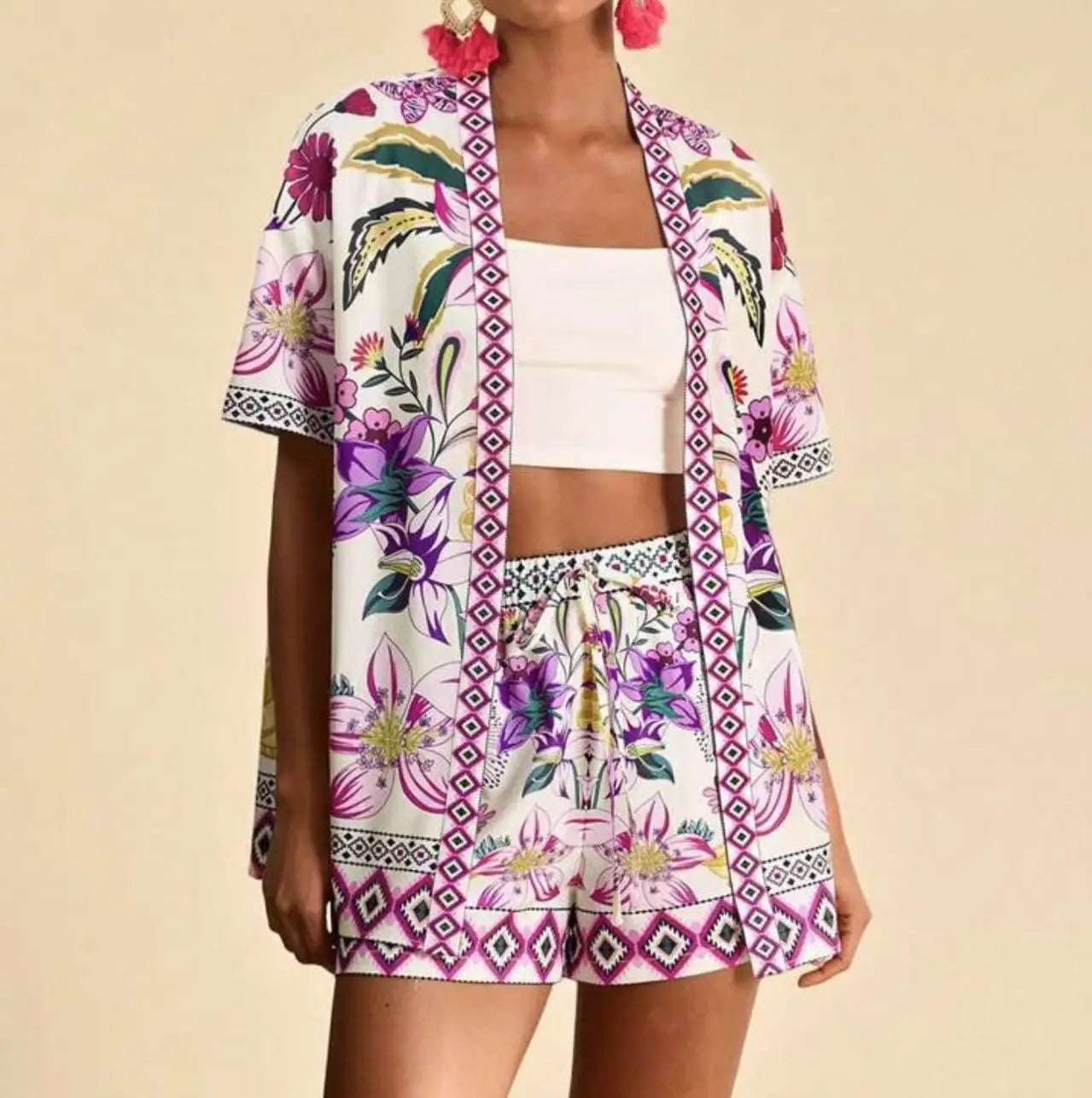 Casual Printed Cardigan Short-sleeved Top Shorts Two-piece Set LADYLYS